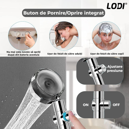 Para de Dus Turbo Lodi197, 2 filtre extra, buton On/Off, presiune ajustabila, filtrare apa, jet uniform, cap Rotativ 360°, argintiu