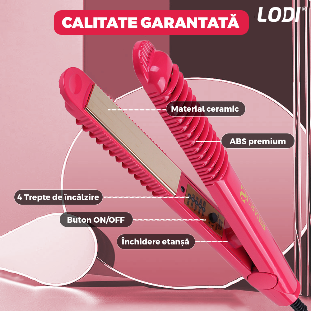 Placa profesionala de indreptat parul Lodi457,  invelis ceramic, portabila, 4 trepte de temperatura, easy lock, par umed si uscat, 210°, roz