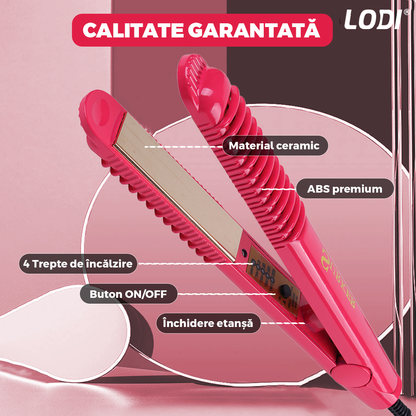 Placa profesionala de indreptat parul Lodi457,  invelis ceramic, portabila, 4 trepte de temperatura, easy lock, par umed si uscat, 210°, roz