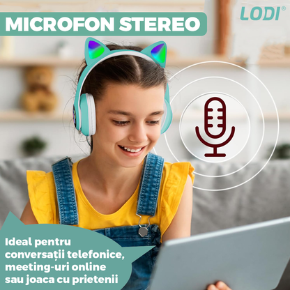 Casti Wireless Model Pisica Lodi948, STN-28, overear, urechi de pisica cu iluminare RGB, bluetooth 5.0, handsfree, HiFi, bass stereo, turcoaz