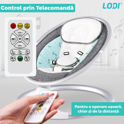 Leagan Electric Lodi123, conectivitate Bluetooth, telecomanda, plasa protectie tantari pentru bebelusi, jucarii, muzica, gri