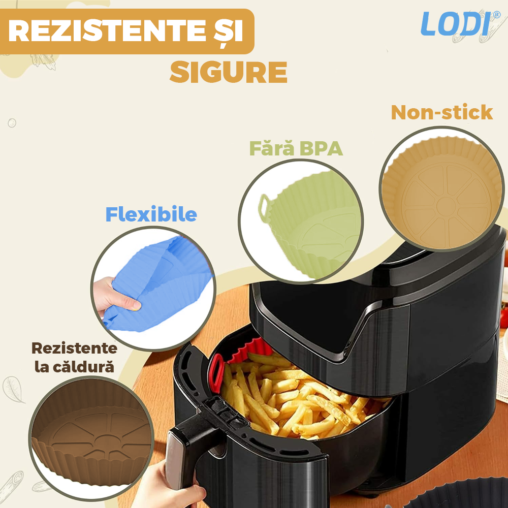 Set 4 Tavi de Copt Rotunde din Silicon Lodi988, pentru friteuza/cuptor/microunde, reutilizabile, antiaderente, rezistente la temperaturi inalte, 21 x 17 cm, multicolor