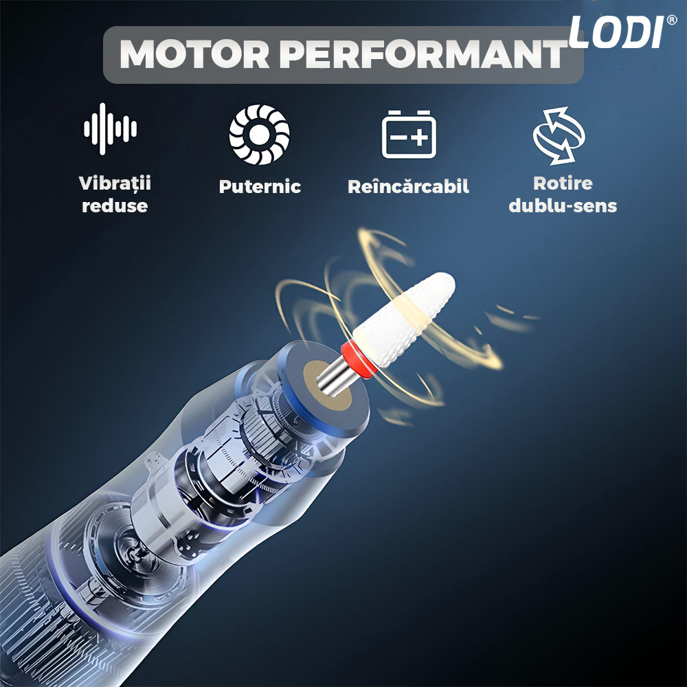 Pila Electrica Profesionala pentru Unghii Lodi1139, freza wireless, 20000 RPM, indicator LED, manichiura-pedichiura, 6 capete pentru pila, 60 benzi de slefurie, portabila, gri