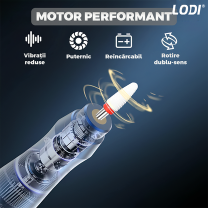 Pila Electrica Profesionala pentru Unghii Lodi1139, freza wireless, 20000 RPM, indicator LED, manichiura-pedichiura, 6 capete pentru pila, 60 benzi de slefurie, portabila, gri