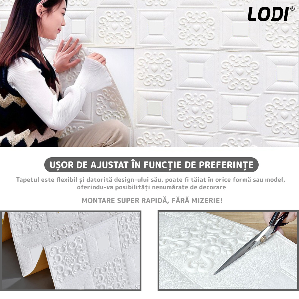 Set Tapet Mic 3D Lodi108, suprafata acoperire 3.06 mp, autoadeziv, perete/tavan, waterproof, usor de montat, design modern, 35x35 cm, alb