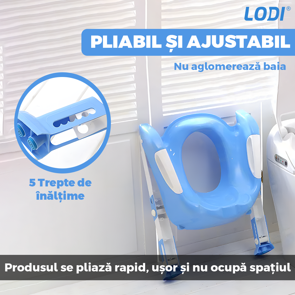 Reductor WC cu Scara Lodi974, antiderapant, pentru copii cu varsta pana la 7 ani, protectie impotriva stropilor, 1 treapta, reglabil pe inaltime, manere de sustinere, alb/albastru