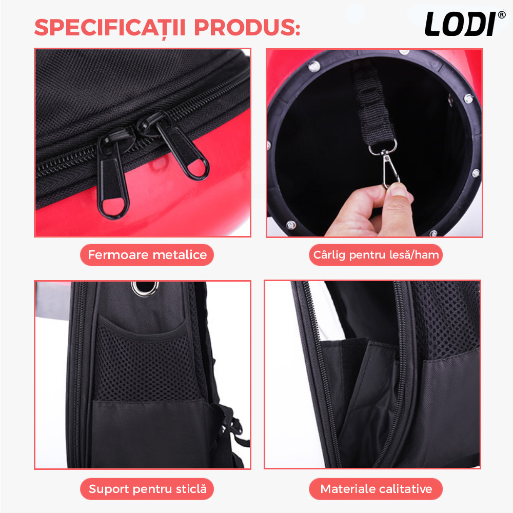 Rucsac Transport Animale Lodi46, greutate Max 7kg, hublou transparent, buzunar lateral, accesorii incluse, pentru talie mica, model Pokeball, rosu