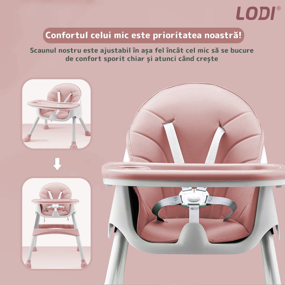 Scaun de Masa 3in1 pentru Bebelusi si Copii Lodi635, inaltime ajustabila, centura de siguranta in 5 puncte, tavita reglabila si detasabila, loc depozitare jucarii, roz pudrat