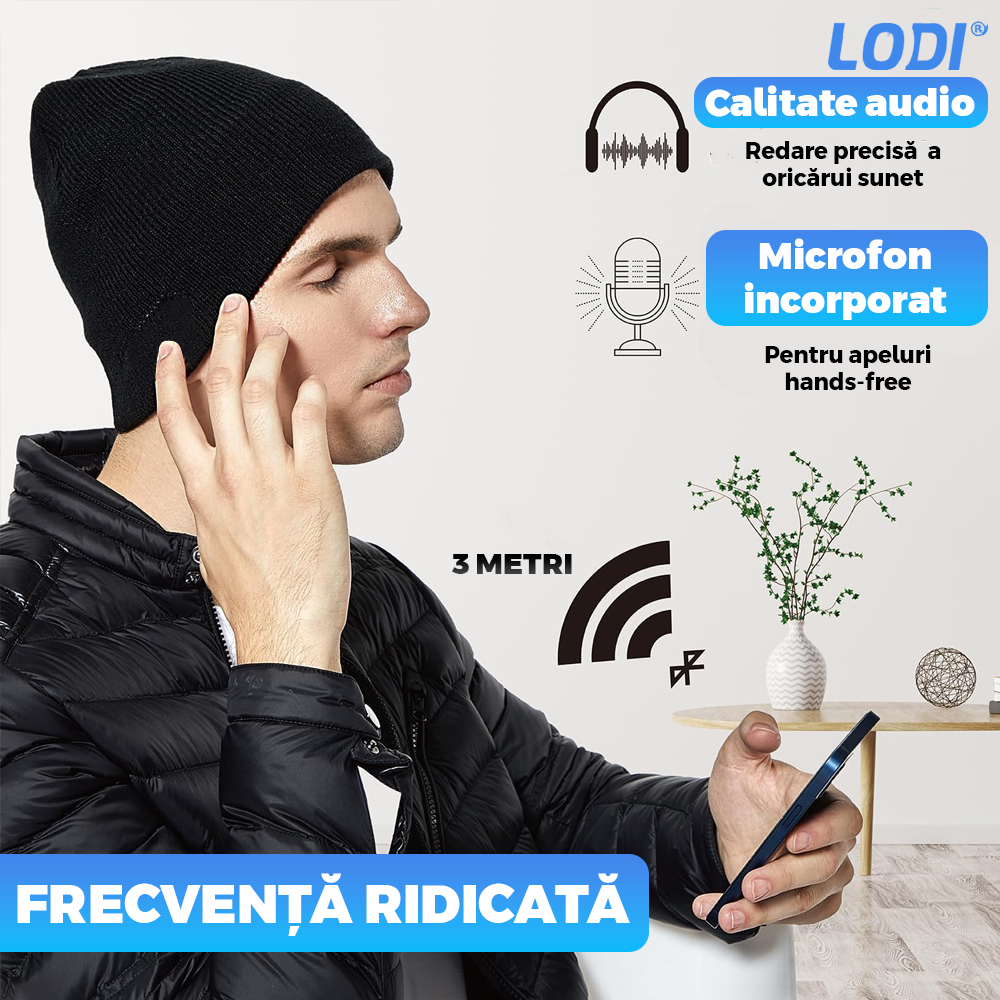 Caciula Bluetooth Unisex Lodi1492, hands-free, microfon, difuzoare stereo incorporate, sistem audio detasabil, curatare usoara, comoda, pentru alergare/drumetii, negru