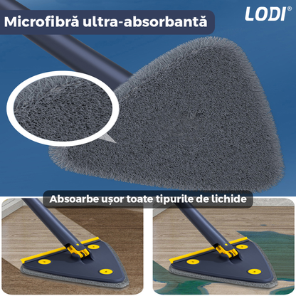Mop cu Cap Triunghiular Lodi321, rotire 360 grade, telescopic, curatare usoara, 4 lavete incluse, 127 cm, albastru/galben