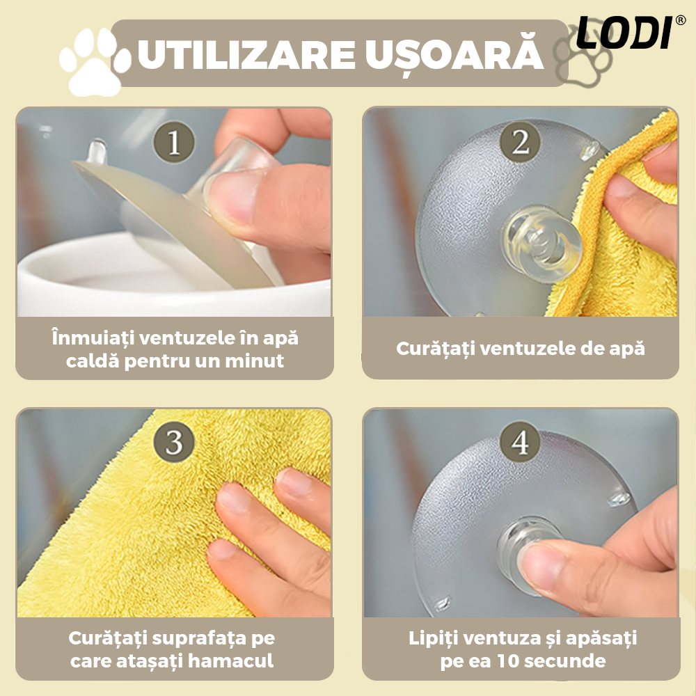 Hamac pentru Pisici Lodi1269, pat suspendat, montaj pe geam/suprafete uniforme lucioase, capacitate de pana la 15 kg, rezistent, ventuze de prindere, 35x55 cm, bej