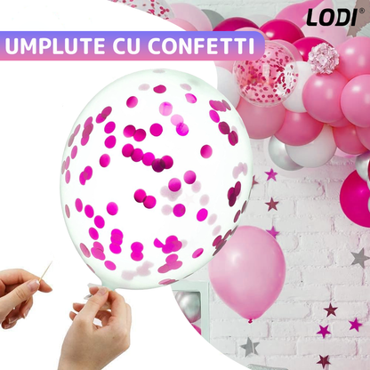 Set 25 Baloane Lodi1042, Litere, pentru Petreceri/Aniversari/Evenimente, confetti, stelute, model HAPPY BIRTHDAY, roz/mov/alb