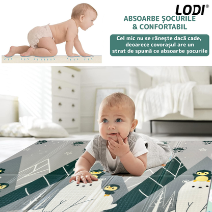 Covoras de Joaca pentru Copii Lodi662, 2 fete, termic, anti-derapant, pliabil, protectie impotriva loviturilor, animalute si munti, 200x180cm, grosime 1 cm, multicolor