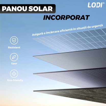 Radio Portabil cu Incarcare Solara Lodi1419, lanterna incorporata, panou solar rezistent, protectie waterproof Ipx5, 3 porturi de incarcare, conectivitate Bluetooth, speaker, 32 x 11 cm, negru