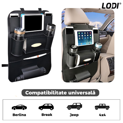 Organizator pentru Scaun Auto Lodi136, 9 Compartimente, multifunctional, universal, suport tableta si telefon, suport servetele, negru