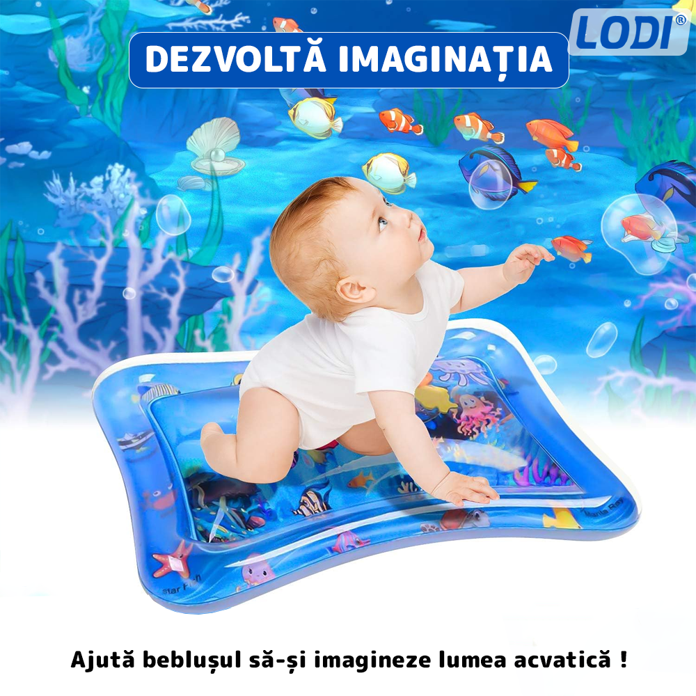Saltea cu Apa pentru Bebelusi Lodi1206, centru de activitati si joaca, gonflabila, umpluta cu lichid, jucarii senzoriale tip animale marine, design distractiv, albastru