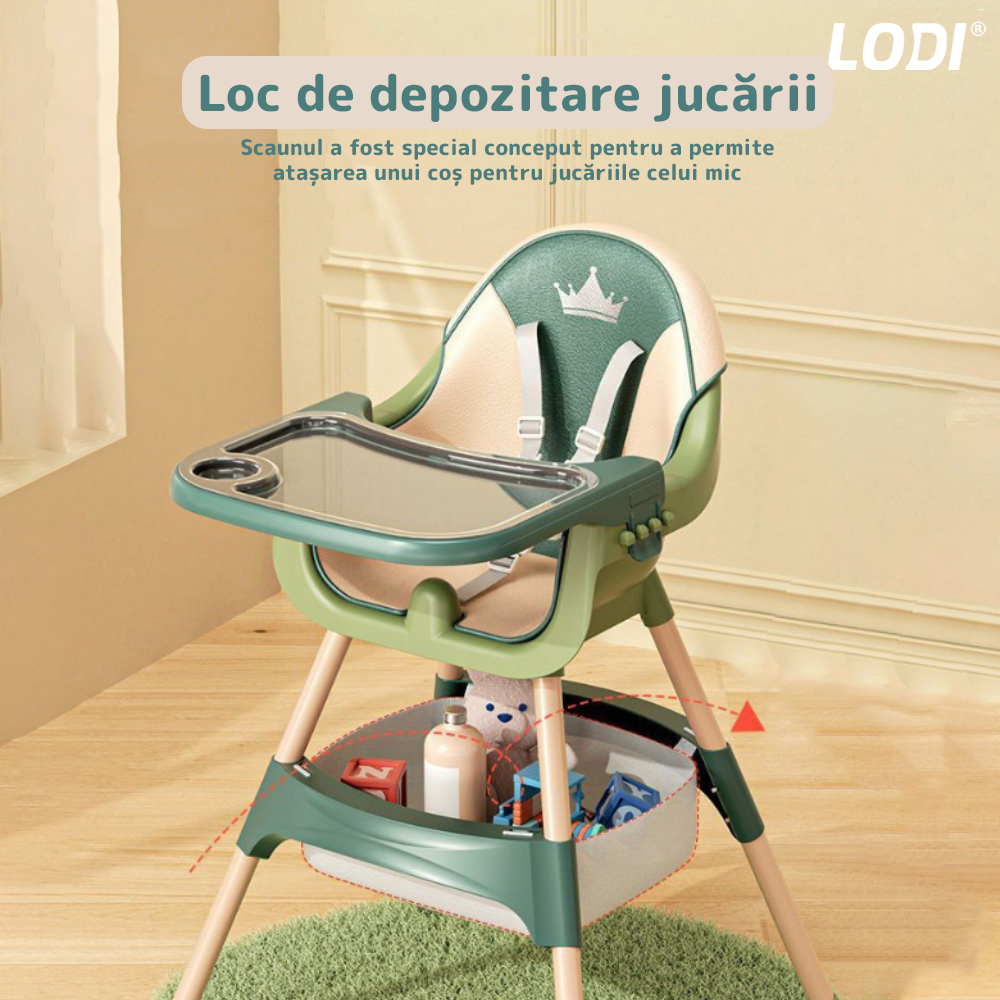 Scaun de Masa 3in1 pentru Bebelusi si Copii  Lodi91, inaltime ajustabila, centura de siguranta in 5 puncte, tavita reglabila si detasabila, loc depozitare jucarii, verde