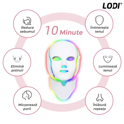 Masca Faciala 7in1 cu Led Lodi8, beneficii anti-imbatranire, reducerea ridurilor/acnee/pete, iluminare ten, curent galvanic, tratament complet, alb