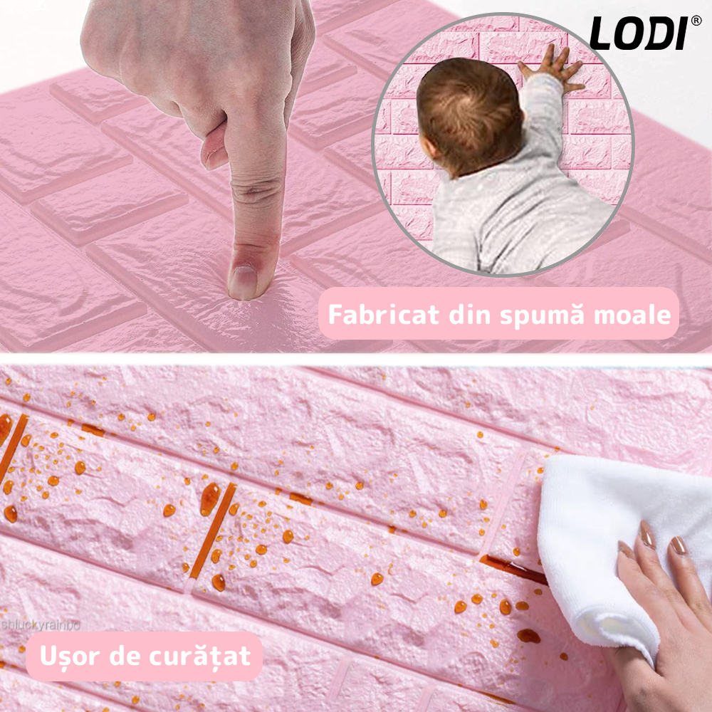 Set Tapet Caramida 3D Lodi53, suprafata acoperire 5.3 mp, autoadeziv, waterproof, usor de montat, design modern, 70x77 cm, roz