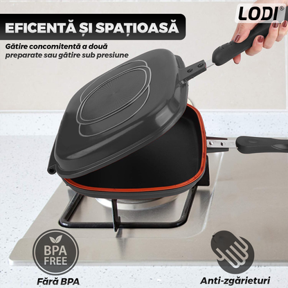 Tigaie Dubla cu Presiune Lodi1295, doua fete, pliabila, pluristratificata, invelis din ceramica, pentru griil sau gatit clasic, negru