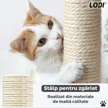 Ansamblu de Joaca pentru Pisici Lodi631, tip turn, 1 platforma de observatie, 4 niveluri, 1 casuta, scara, franghie si mingiute de joaca, stalpi pentru zgariat, captuseala extra moale, structura stabila, 118 cm, gri inchis
