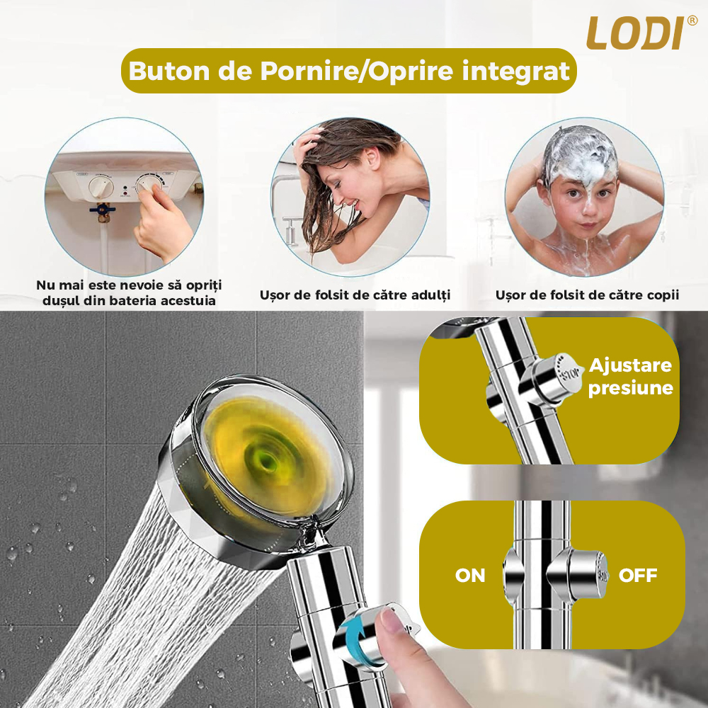 Para de Dus Turbo Lodi198, 2 filtre extra, buton On/Off, presiune ajustabila, filtrare apa, jet uniform, cap Rotativ 360°, auriu