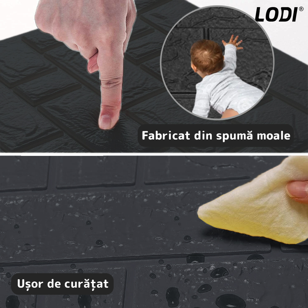 Set Tapet Mic Caramida 3D Lodi104, suprafata acoperire 3.31 mp, autoadeziv, waterproof, usor de montat, design modern, 38,5x34 cm, negru