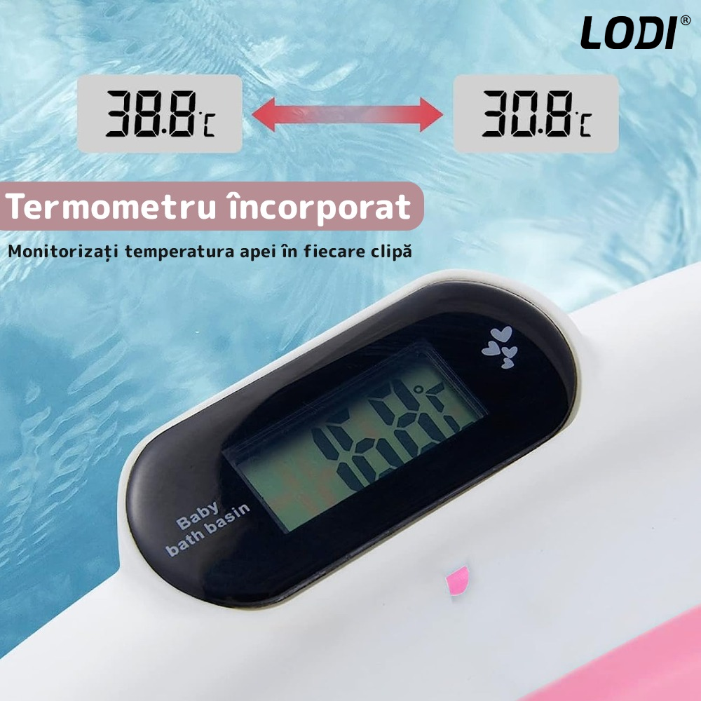 Cadita cu Pernuta pentru Bebelusi Lodi1315, casca de protectie inclusa, termometru digital incorporat, pliabila, dop de scurgere, picioare anti-alunecare, design ergonomic, 75 x 45 x 22, roz