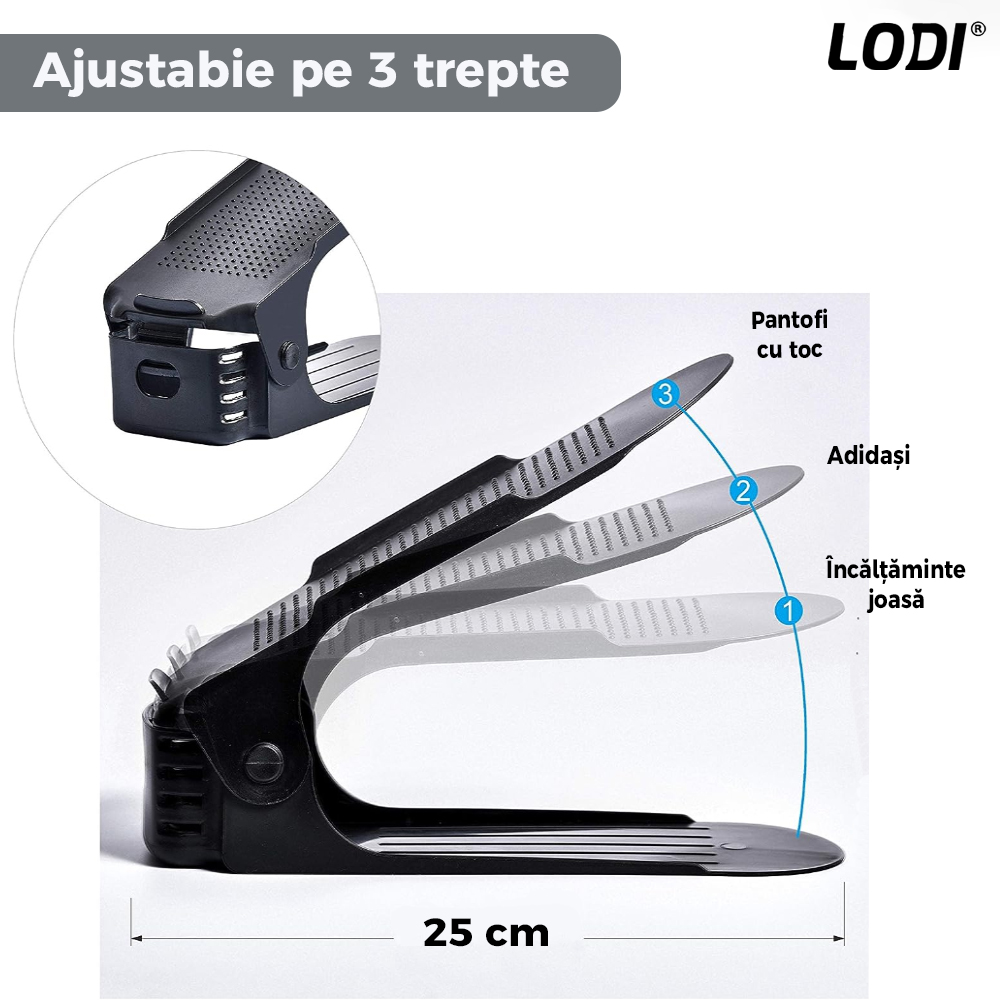 Set 10 Organizatoare Incaltaminte Lodi45, 3 niveluri de reglare pe inaltime, suport pantofi, economisire spatiu, materiale calitative, universale, negru