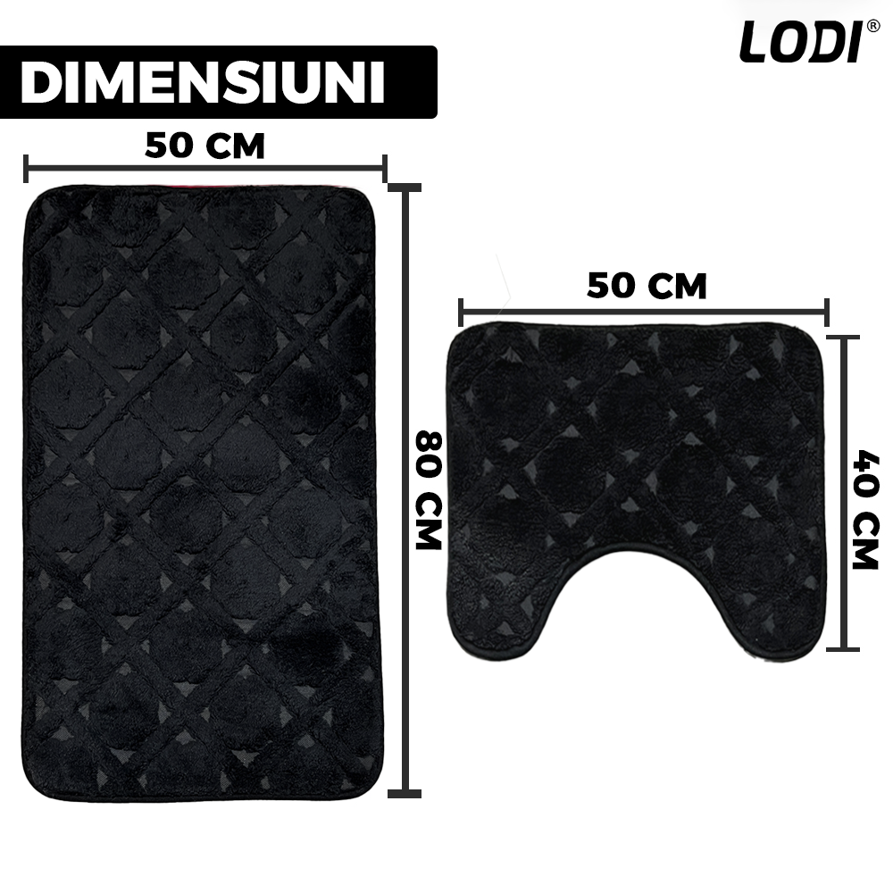 Set 2 Covorase de Baie Lodi1017, anti-derapante, material moale, design modern, model trifoi, 80x50 & 50x40cm, negru