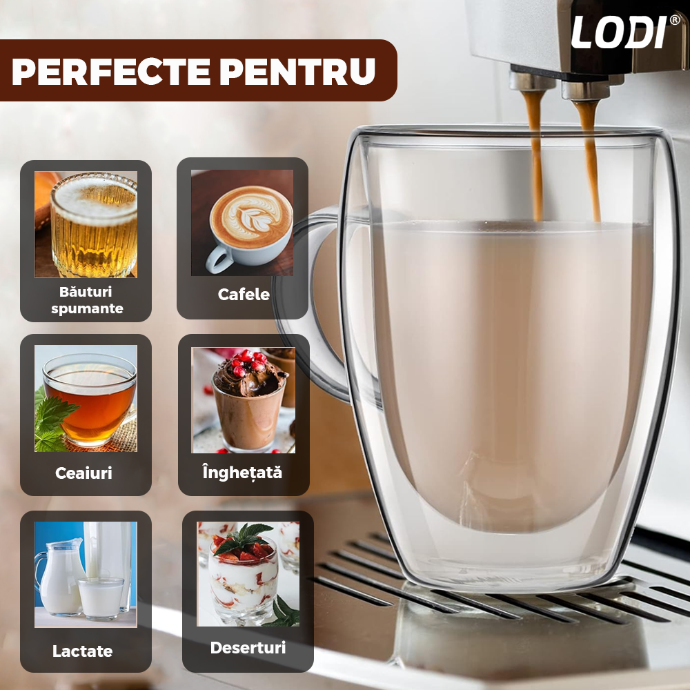 Set 6 Cani de Sticla cu Perete Dublu Lodi421, model rotund, design modern, termorezistente, capacitate 350 ml, 12 x 9 cm