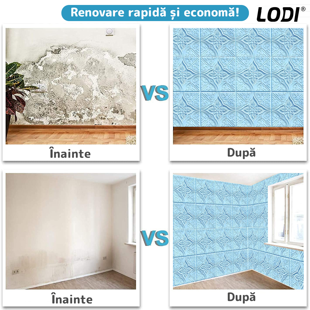 Set 10x Tapet 3D Lodi794, suprafata acoperire 4.9 mp, autoadeziv, Model Floral Diamant, perete/tavan, waterproof, usor de montat, design modern, 70x70 cm, albastru