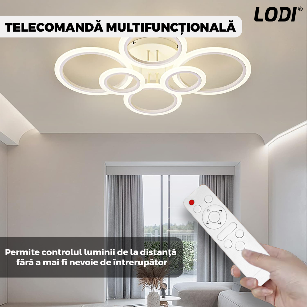 Lustra LED 6 Cercuri Lodi426,  dimabila cu telecomanda, 3 tipuri de lumina, intensitate ajustabila, lumina alba rece, neutra, alba cald, putere 160 W, 55 cm