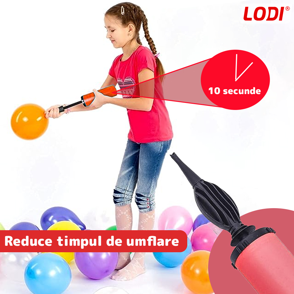 Pompa Manuala Pentru Umflat Baloane cu Dublu Sens Lodi371, multifunctionala, materiale calitative, umflare rapida, rosu/negru, 28 cm