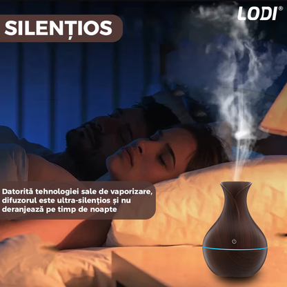 Difuzor Aromaterapie Lodi220, lumini ambientale, control tactil, capacitate 200ml, silentios, rezerva inclusa, alimentare USB, umidifica aerul, stejar inchis