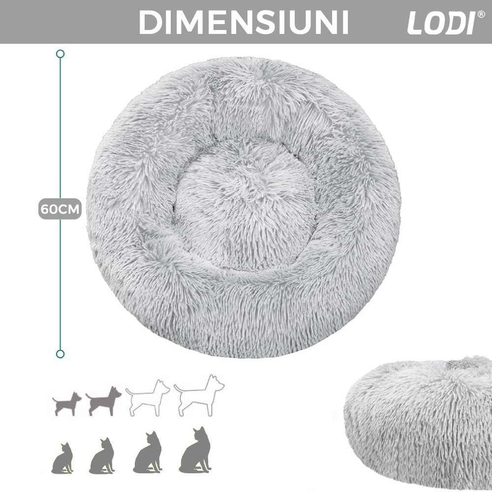 Pat Animale Lodi47, captusit, moale, pufos si calduros, pentru caini si pisici, diametru 60cm, baza anti-alunecare, gri