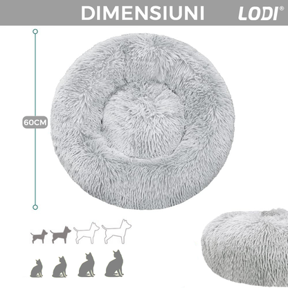 Pat Animale Lodi47, captusit, moale, pufos si calduros, pentru caini si pisici, diametru 60cm, baza anti-alunecare, gri
