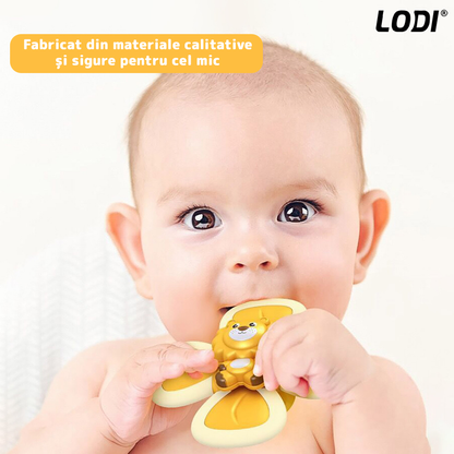 Jucarie Interactiva Fidget Spinner Lodi7, forma Leu, margini de silicon, 4 laturi, ventuza de prindere, 1-3 ani, galben