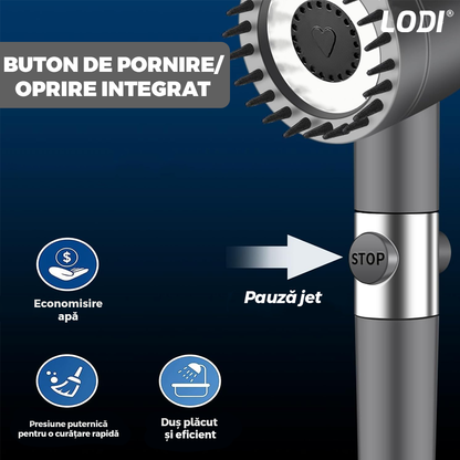 Para de Dus Lodi976, 6 filtre extra, buton On/Off, presiune ajustabila, filtrare apa, jet uniform, zimti de silicon pentru curatare, gri