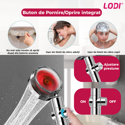Para de Dus Turbo Lodi200, 2 filtre extra, buton On/Off, presiune ajustabila, filtrare apa, jet uniform, cap Rotativ 360°, rosu