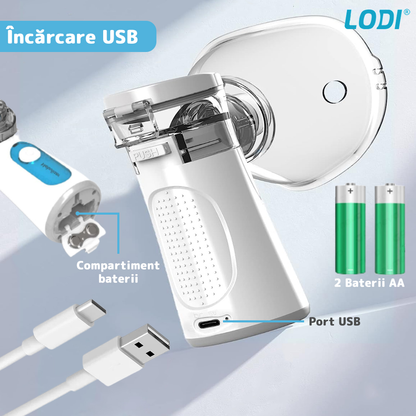 Aparat Aerosoli Lodi36 Nebulizator portabil ultrasonic, accesorii incluse, tehnologie mesh, 0.4ml/min, silentios, alb