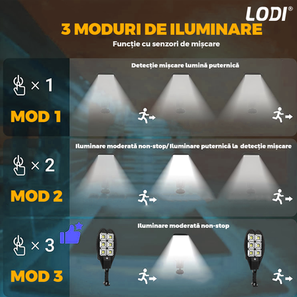 Lampa Solara Stradala 6 LED-uri Lodi866, tip bec, rotunda, control prin telecomanda, senzor de miscare, 3 moduri de iluminare, protectie IP65, Waterproof, exterior, negru
