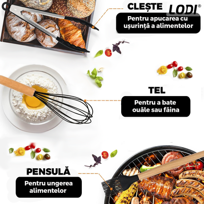 Set Ustensile Bucatarie 12 Piese Silicon Alimentar Lodi622, termorezistente, antiaderente, sigure, suport inox, negru