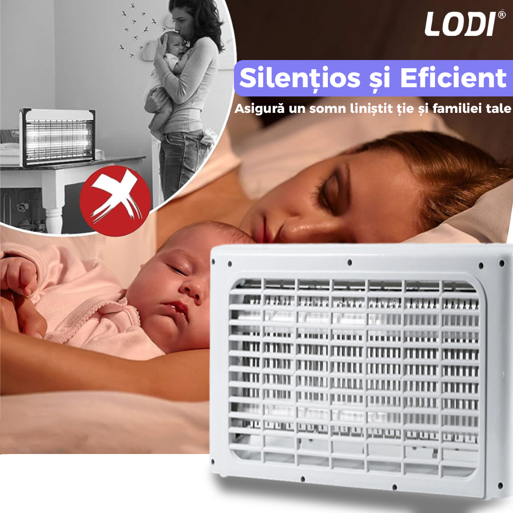 Aparat Electric Anti-Insecte Lodi223, 6W, Insectocutor cu 2x tuburi ultraviolete, raza de actiune 200 m², unghi de propagare 360º, design modern, alb