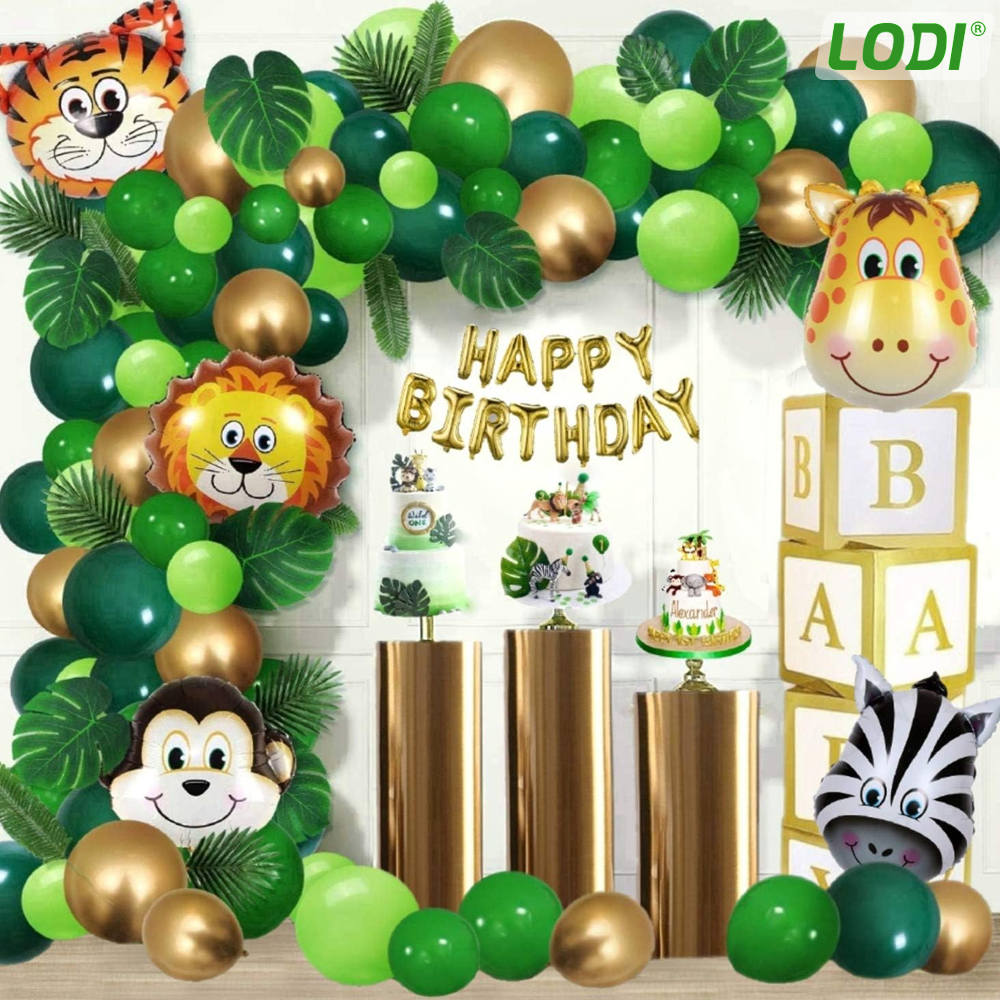 Set 5 Baloane Animale Lodi302, pentru Petreceri/Aniversari copii, tema junglei/safari, latex, multicolor/verde