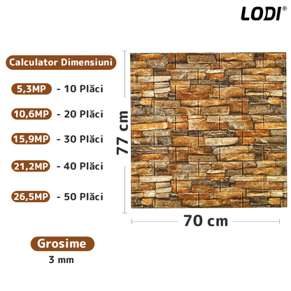 Set Tapet Caramida 3D Lodi84, Model Piatra Naturala, suprafata acoperire 5.3 mp, autoadeziv, waterproof, usor de montat, design modern, 70x77 cm, maro