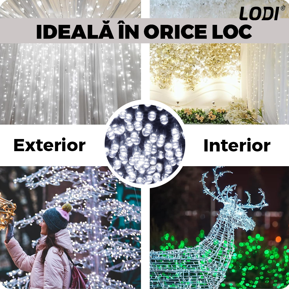 Instalatie de Craciun Perdea Lodi1440, 3x3 m, 8 jocuri de lumini, alimentare la priza, fir alb, interior/exterior, rezistenta la apa, 300 LED-uri, alb rece