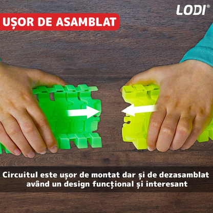Circuit Masinute Lodi517, 56 piese, pista iluminata configurabila, fosforescenta, masinuta cu lumini rosie, multicolor