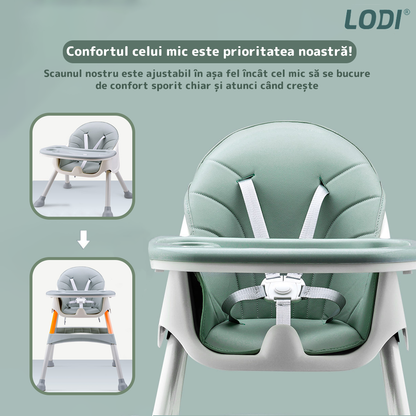Scaun de Masa 3in1 pentru Bebelusi si Copii Lodi634, inaltime ajustabila, centura de siguranta in 5 puncte, tavita reglabila si detasabila, loc depozitare jucarii, verde turcoaz