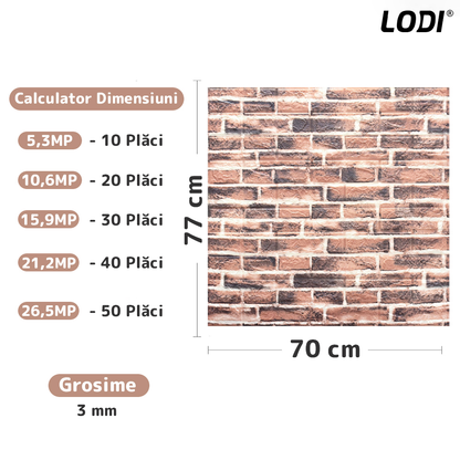 Set Tapet Caramida 3D Lodi80, Model Piatra Dreptunghiulara, suprafata acoperire 5.3 mp, autoadeziv, waterproof, usor de montat, design modern, 70x77 cm, multicolor